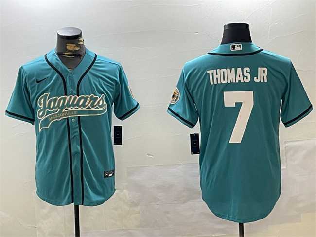 Mens Jacksonville Jaguars #7 Brian Thomas Jr Teal With Patch Cool Base Stitched Baseball Jersey